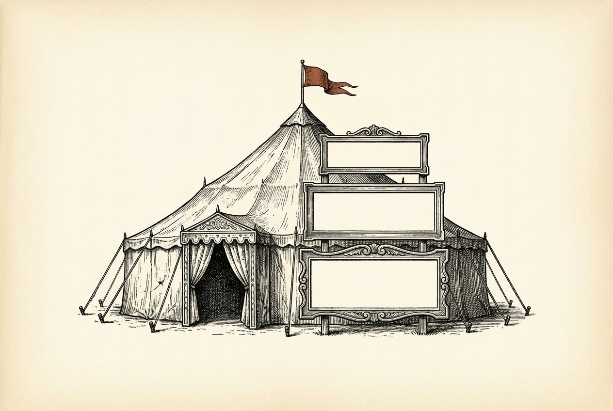 A revival tent wearing a three-tiered blank pricing board, one proof-red pennant at the pole.