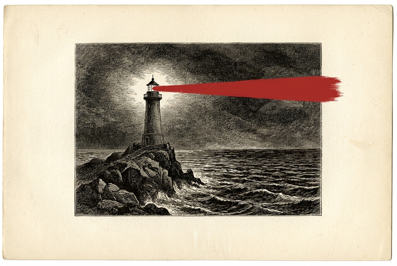 A lighthouse at dusk in dense black crosshatch, its beam a single proof-red stroke over dark water.