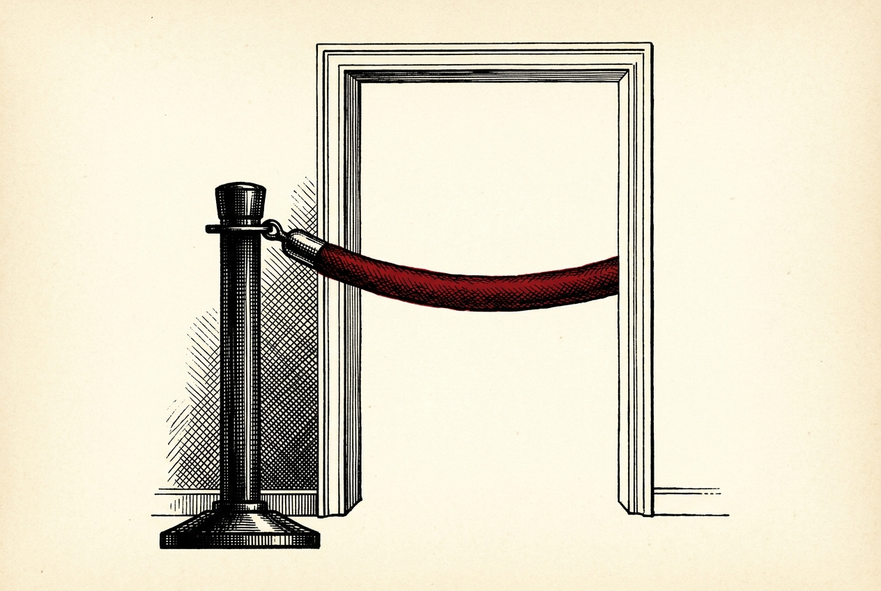 A stanchion in black ink, its velvet rope drawn in proof-red across a doorway that is open and empty.