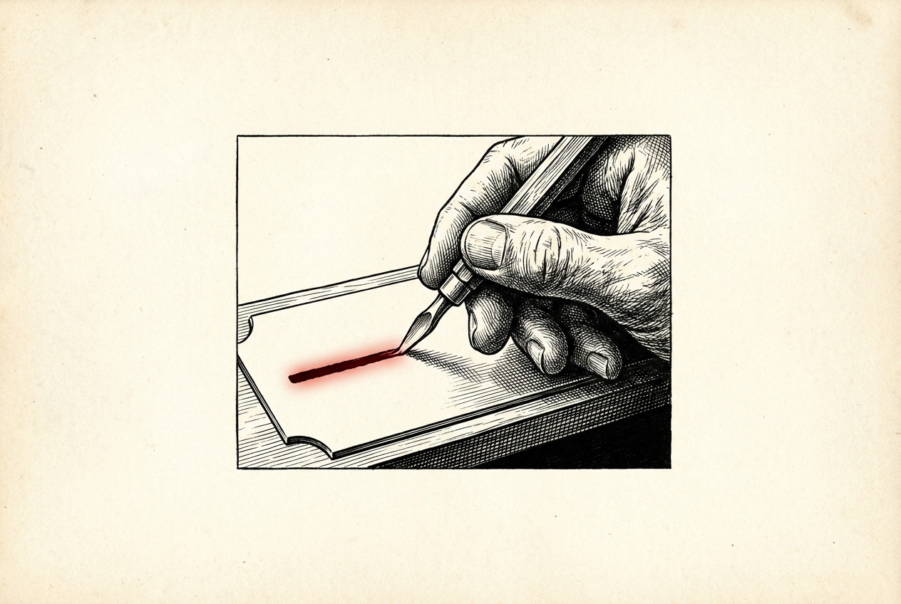 An engraver's hand, burin mid-stroke on a blank nameplate; the first cut glows proof-red.
