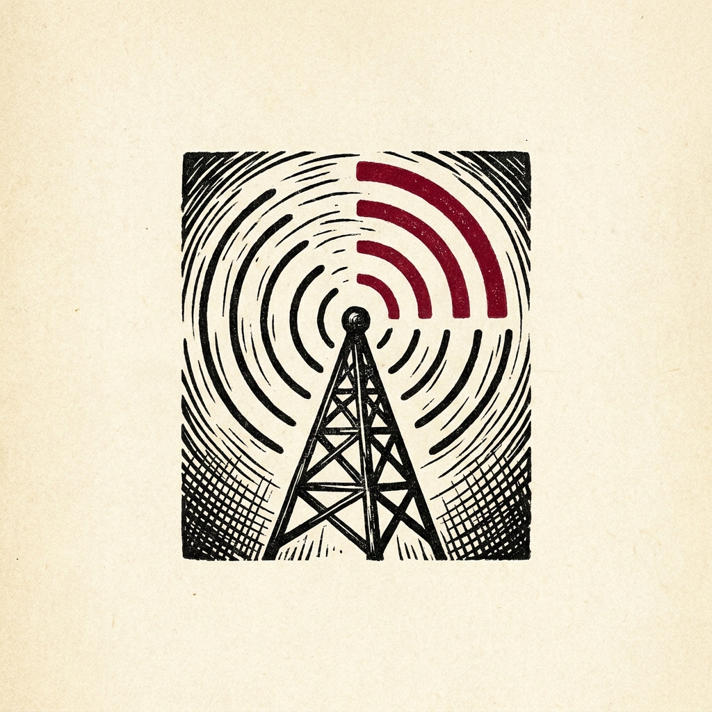 A lattice radio mast broadcasting in woodcut, one quadrant of its waves inked proof-red.